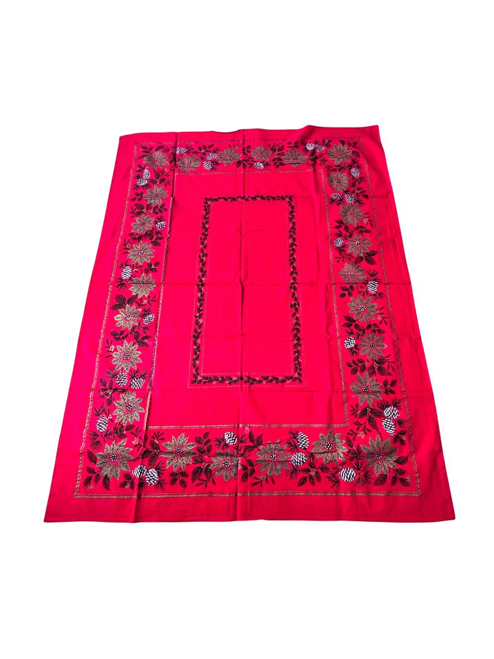Vintage Christmas Holiday Tablecloth red with gold leaves & silver pinecones
